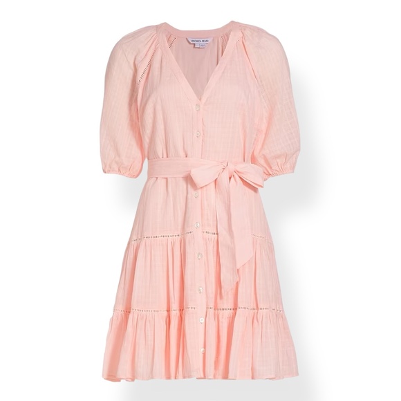 VERONICA BEARD Dewey Tiered Cotton Button-up Tie Waist Dress In Pink Haze - Picture 1 of 17